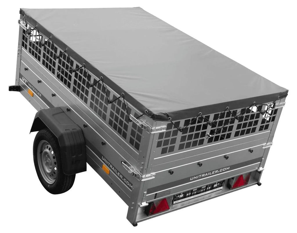 Car trailer GARDEN TRAILER 201 TIPP with mesh side extensions, support wheel and flat tarpaulin