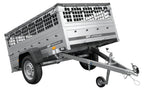 Car trailer GARDEN TRAILER 201 TIPP with mesh side extensions, support wheel and flat tarpaulin