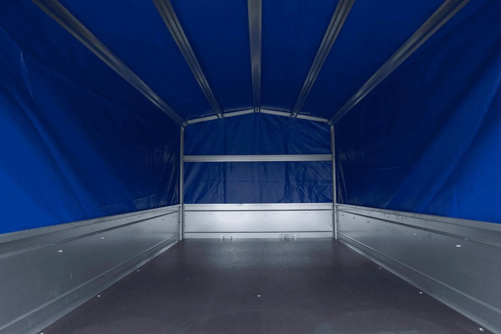 Trailer with tarpaulin GARDEN TRAILER 201 TIPP [with support wheel, blue high tarpaulin and high bows]