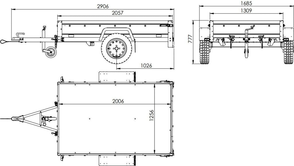 Car trailer GARDEN TRAILER 201 TIPP with mesh side extensions, support wheel and flat tarpaulin