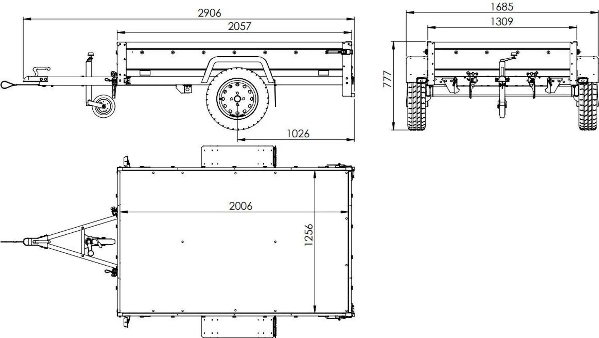 Car trailer GARDEN TRAILER 201 TIPP with mesh side extensions, support wheel and flat tarpaulin