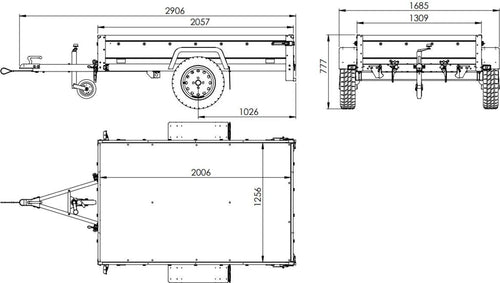 Car trailer GARDEN TRAILER 201 TIPP with mesh side extensions, support wheel and flat tarpaulin