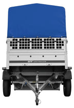 Garden Trailer 201 KIPP 200x125 tarpaulin trailer with mesh side extension, blue tarpaulin, high frame and jockey wheel