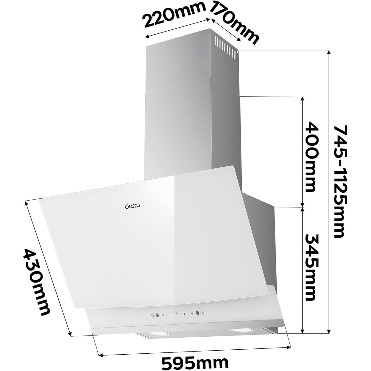 CIARRA 60cm White Angled Cooker Hood, Gesture Control, A+++, CBCW6736A
