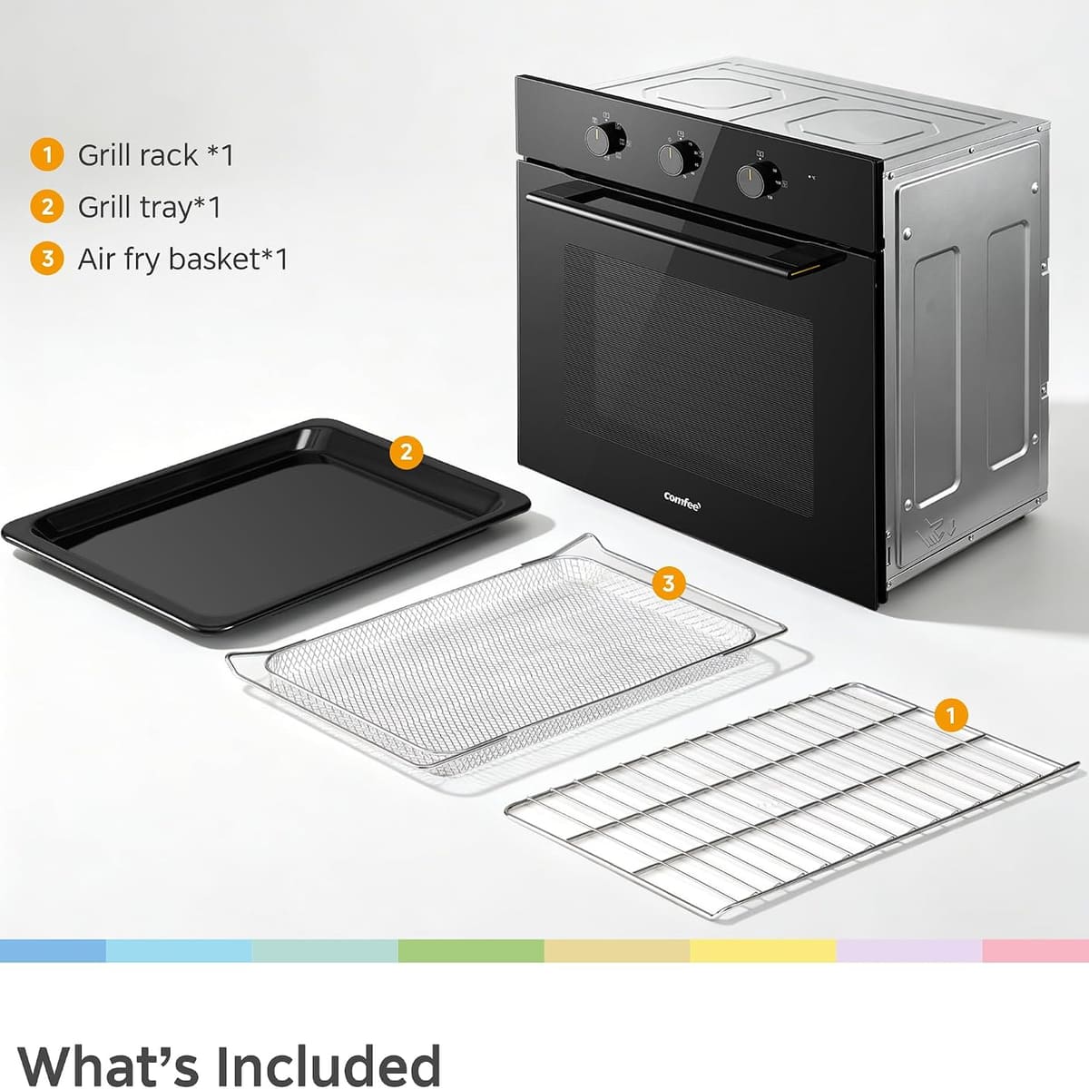 COMFEE' 60L, 60cm Wide, Single Electric Built-in Fan Oven, 8 Function with Air Fry, Multiphase Cooking and Easy Cleaning Removable Door, Color Black - CBO60M80M1-BK
