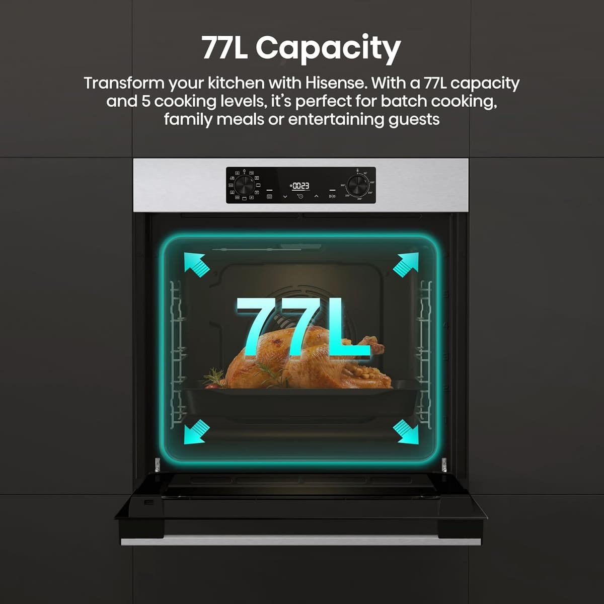 Hisense BI622AXPGUK - Built-in 77L Electric Single Oven - Stainless Steel with Even Bake, 300°C Pizza Mode, Frozen Food Mode, Steam Clean - A Rated, Extra Large
