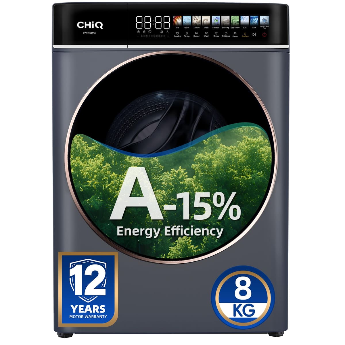 CHiQ 9kg Washing Machine with Class A-30% & 12-Year Motor Warranty, Grey