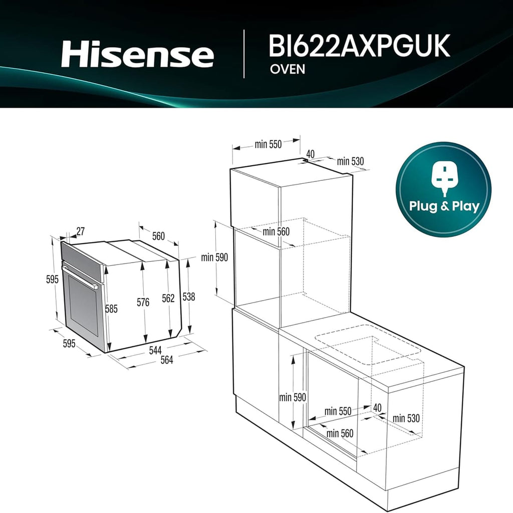 Hisense BI622AXPGUK - Built-in 77L Electric Single Oven - Stainless Steel with Even Bake, 300°C Pizza Mode, Frozen Food Mode, Steam Clean - A Rated, Extra Large