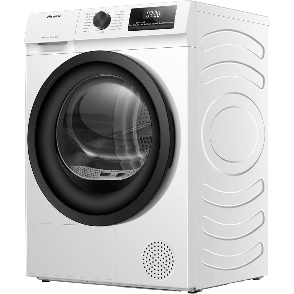 Hisense DH1Q802BW2 60cm Freestanding 8 KG Heatpump Front Load Tumble Dryer, 16 Programmes, Auto Dry, Steam Refresh, Allergy Care - White