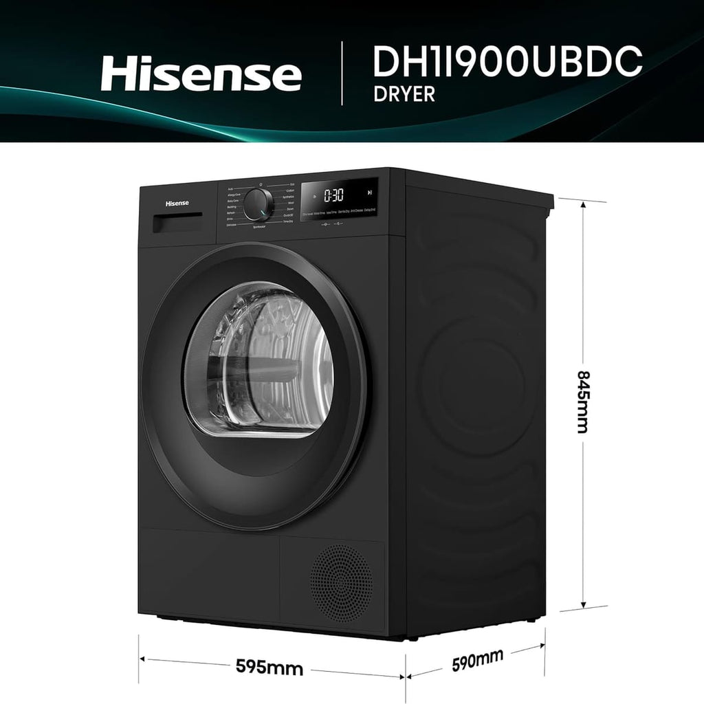 Hisense DH1I900UBDC 60cm Freestanding 9 kg Heat Pump Tumble Dryer, 15 Programmes, Twin Flow, Humidity Sensor, DelayEnd - Black