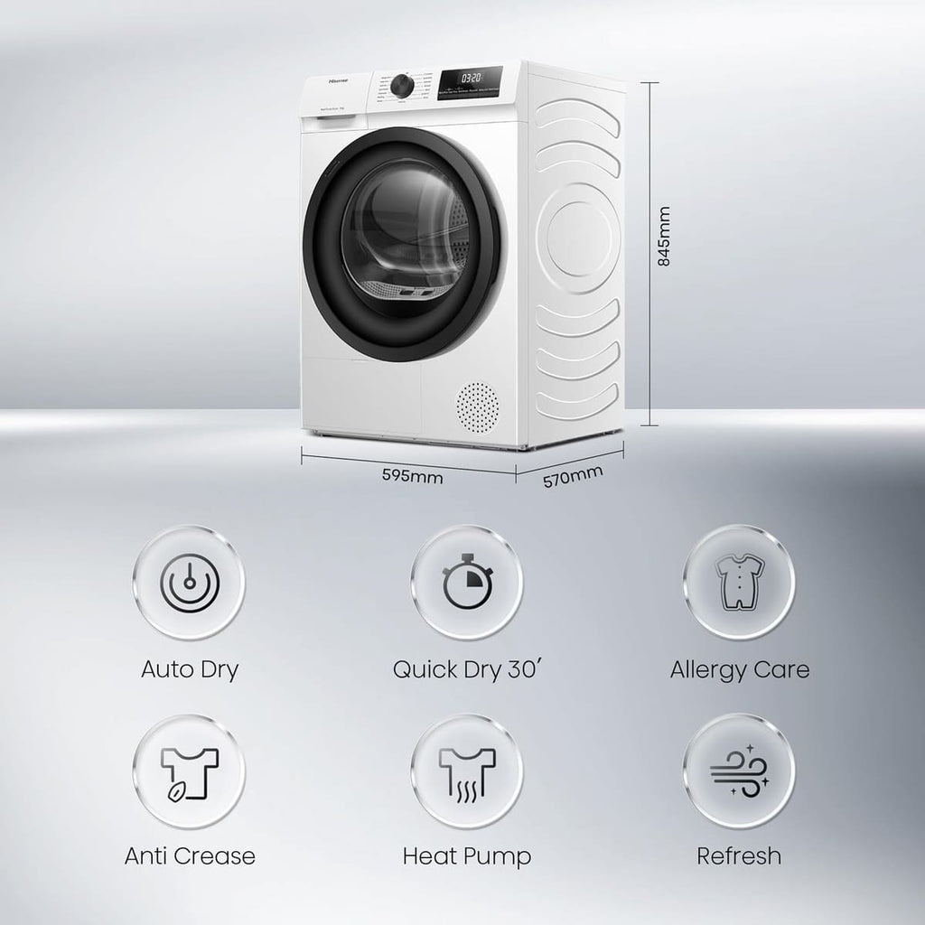 Hisense DH1Q802BW2 60cm Freestanding 8 KG Heatpump Front Load Tumble Dryer, 16 Programmes, Auto Dry, Steam Refresh, Allergy Care - White