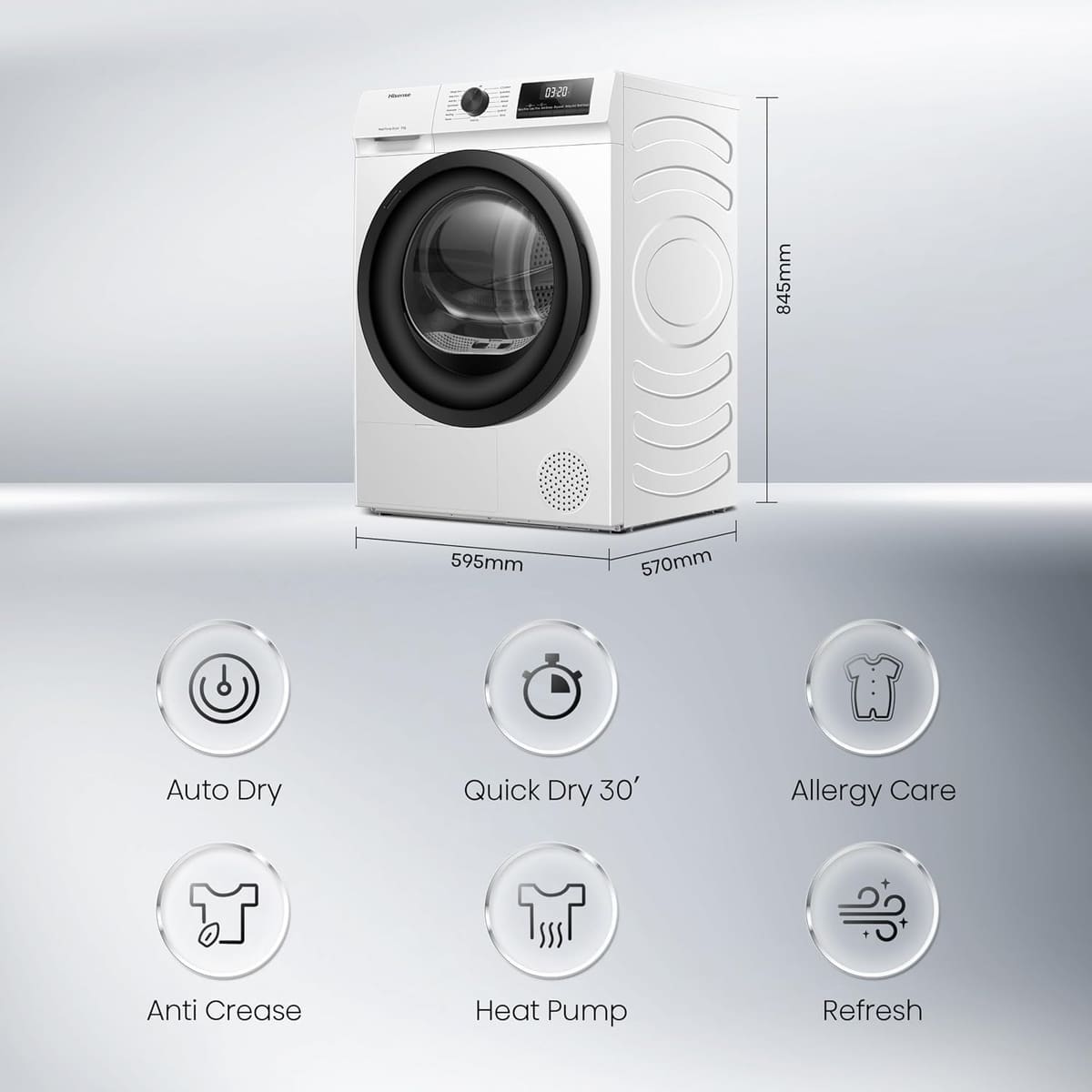 Hisense DH1Q802BW2 60cm Freestanding 8 KG Heatpump Front Load Tumble Dryer, 16 Programmes, Auto Dry, Steam Refresh, Allergy Care - White