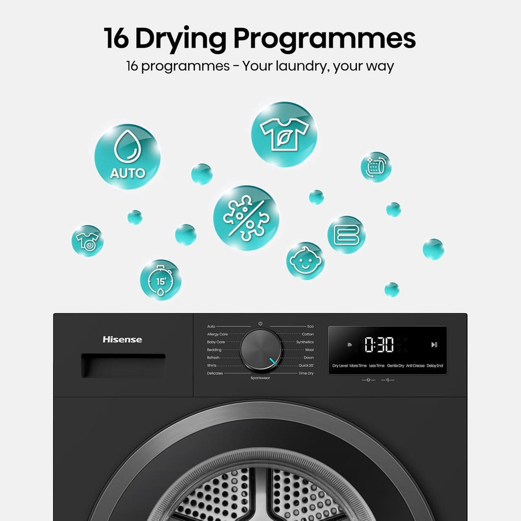 Hisense DH1I900UBDC 60cm Freestanding 9 kg Heat Pump Tumble Dryer, 15 Programmes, Twin Flow, Humidity Sensor, DelayEnd - Black