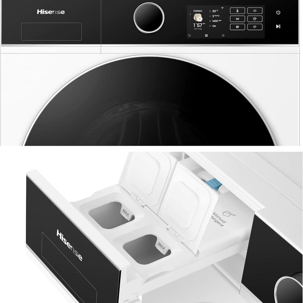 Hisense WF5I1245BWR 12kg Washing Machine, 1400rpm Spin, A Rated Energy, Wi-Fi, Steam, Freestanding, White