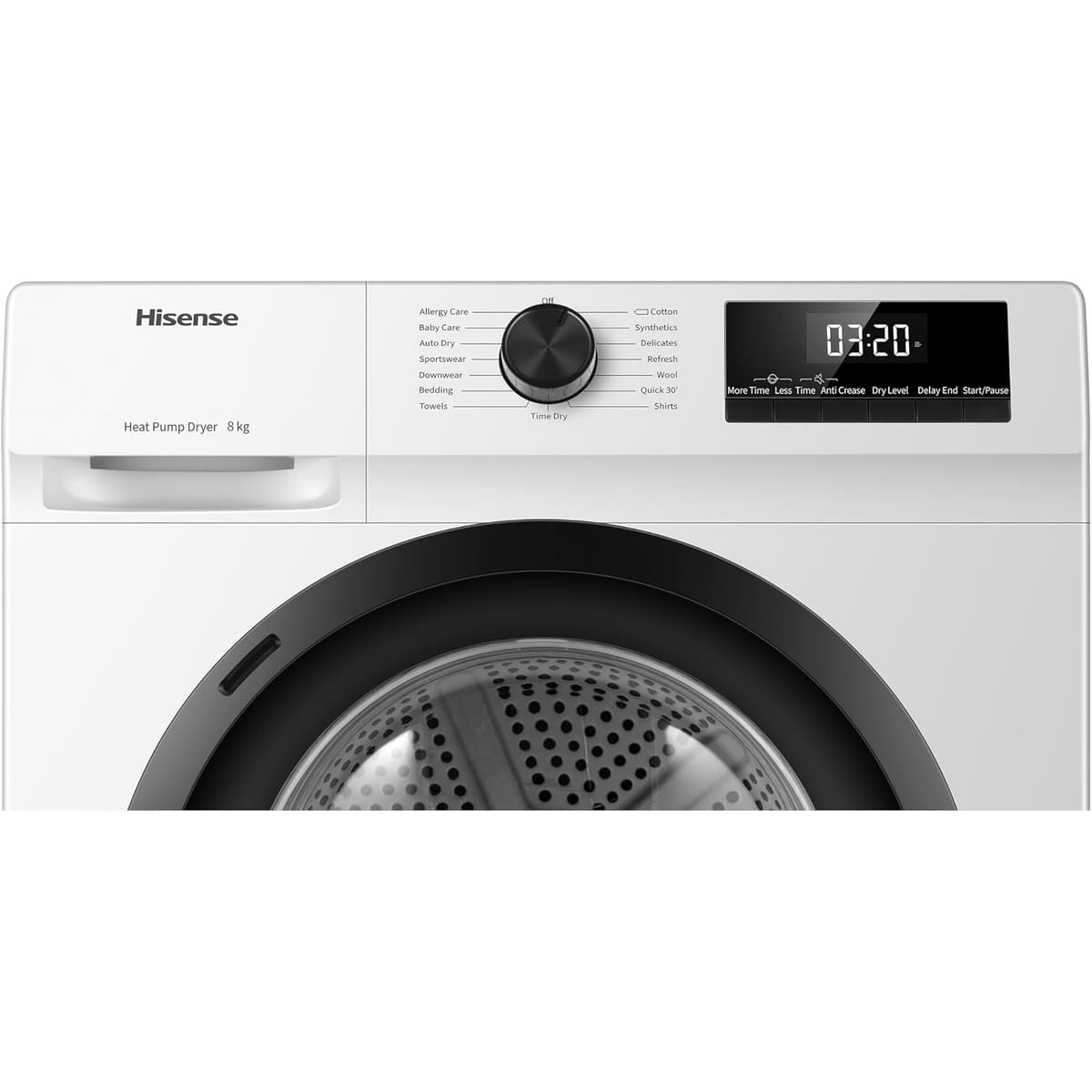 Hisense DH1Q802BW2 60cm Freestanding 8 KG Heatpump Front Load Tumble Dryer, 16 Programmes, Auto Dry, Steam Refresh, Allergy Care - White