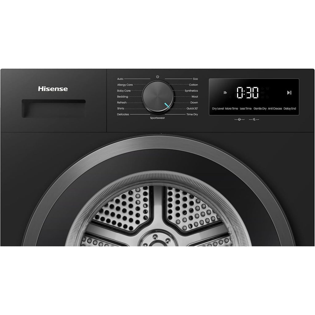 Hisense DH1I900UBDC 60cm Freestanding 9 kg Heat Pump Tumble Dryer, 15 Programmes, Twin Flow, Humidity Sensor, DelayEnd - Black