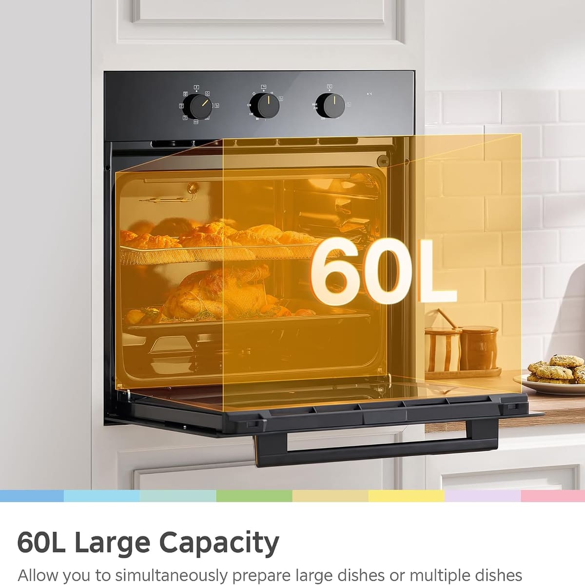 COMFEE' 60L, 60cm Wide, Single Electric Built-in Fan Oven, 8 Function with Air Fry, Multiphase Cooking and Easy Cleaning Removable Door, Color Black - CBO60M80M1-BK
