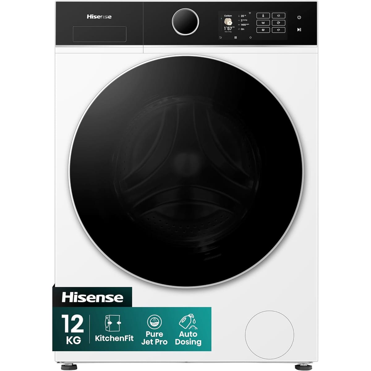 Hisense WF5I1245BWR 12kg Washing Machine, 1400rpm Spin, A Rated Energy, Wi-Fi, Steam, Freestanding, White
