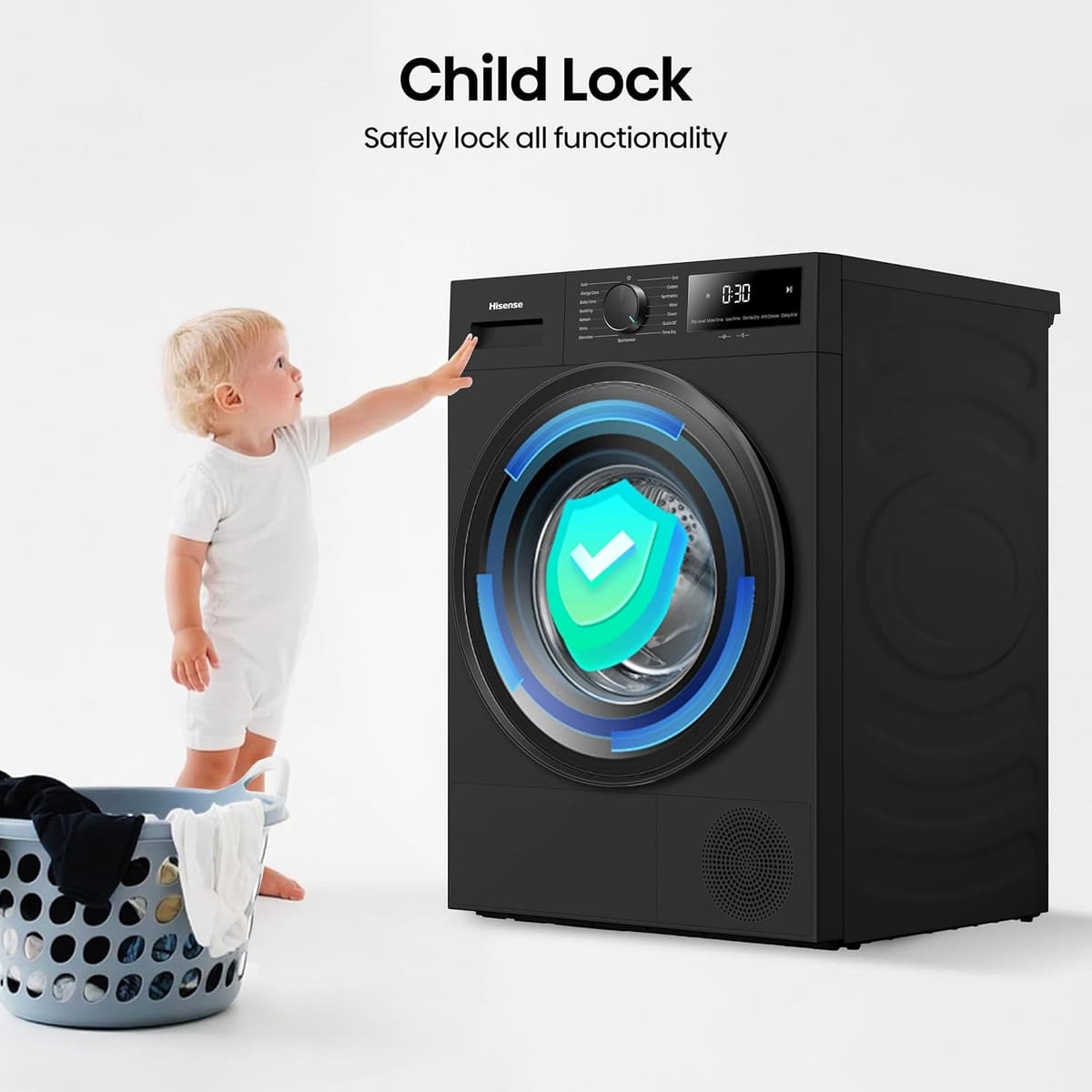 Hisense DH1I900UBDC 60cm Freestanding 9 kg Heat Pump Tumble Dryer, 15 Programmes, Twin Flow, Humidity Sensor, DelayEnd - Black