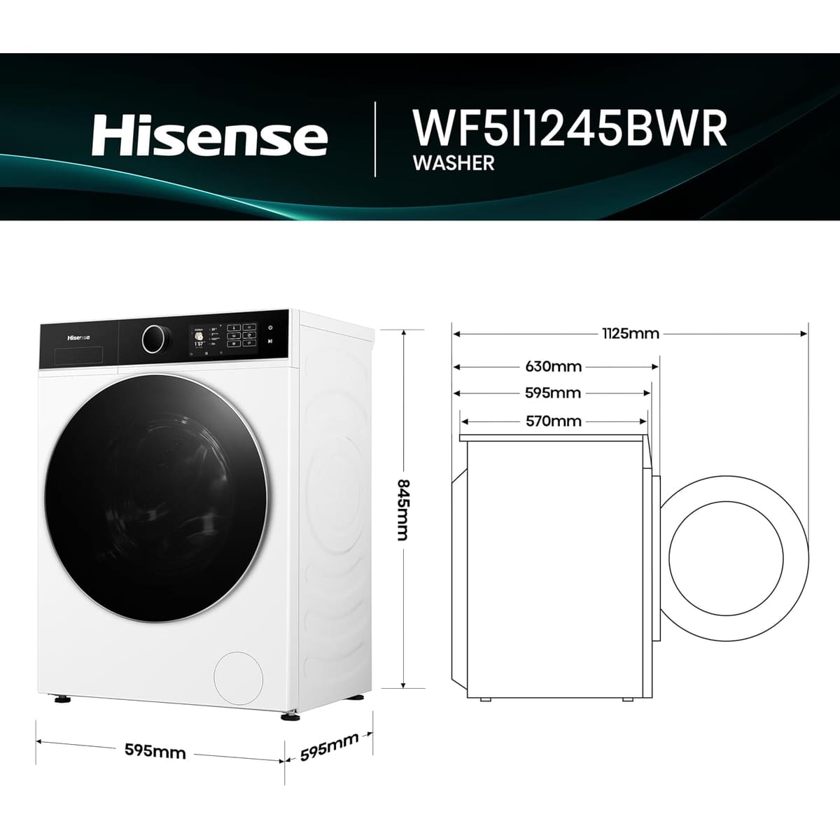 Hisense WF5I1245BWR 12kg Washing Machine, 1400rpm Spin, A Rated Energy, Wi-Fi, Steam, Freestanding, White