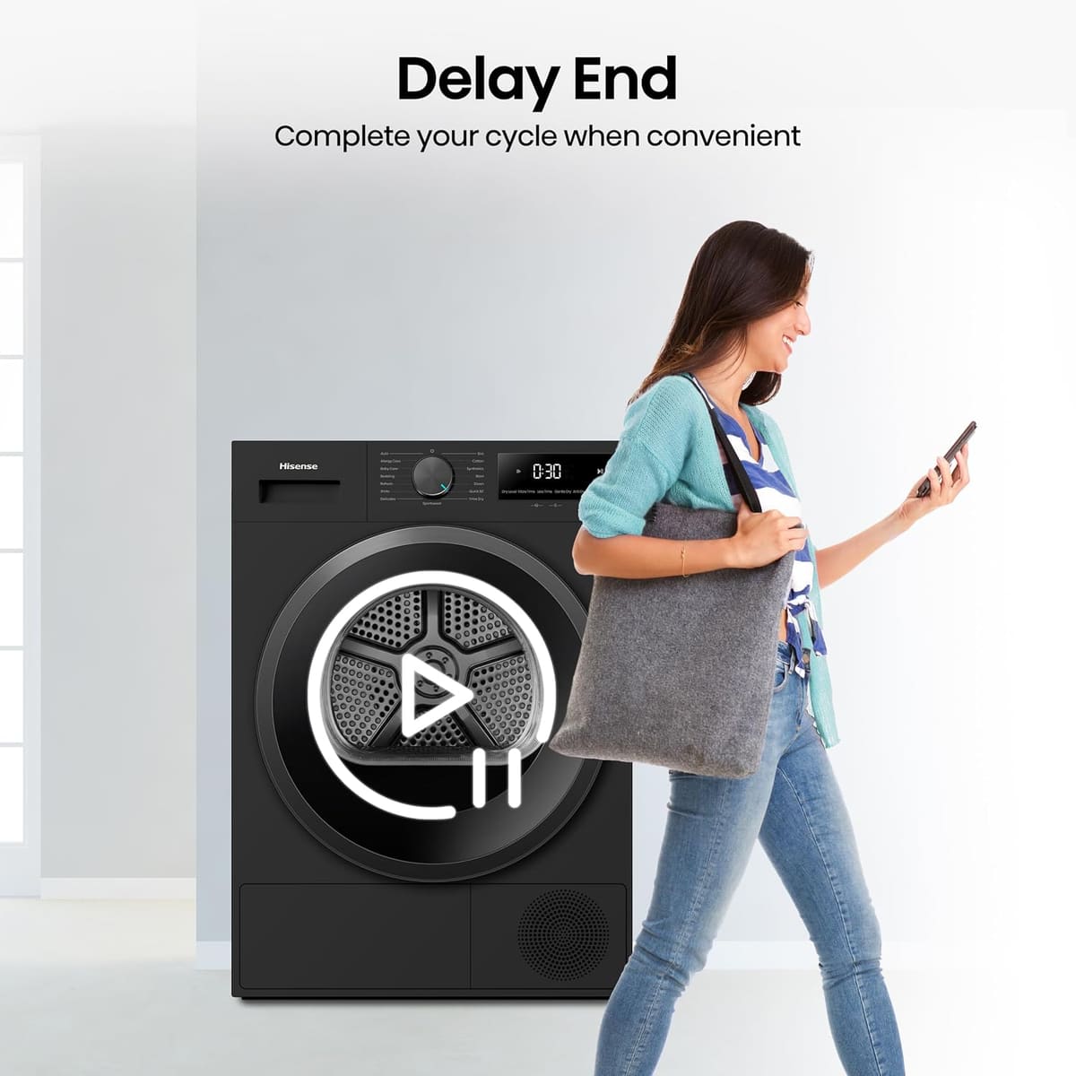 Hisense DH1I900UBDC 60cm Freestanding 9 kg Heat Pump Tumble Dryer, 15 Programmes, Twin Flow, Humidity Sensor, DelayEnd - Black