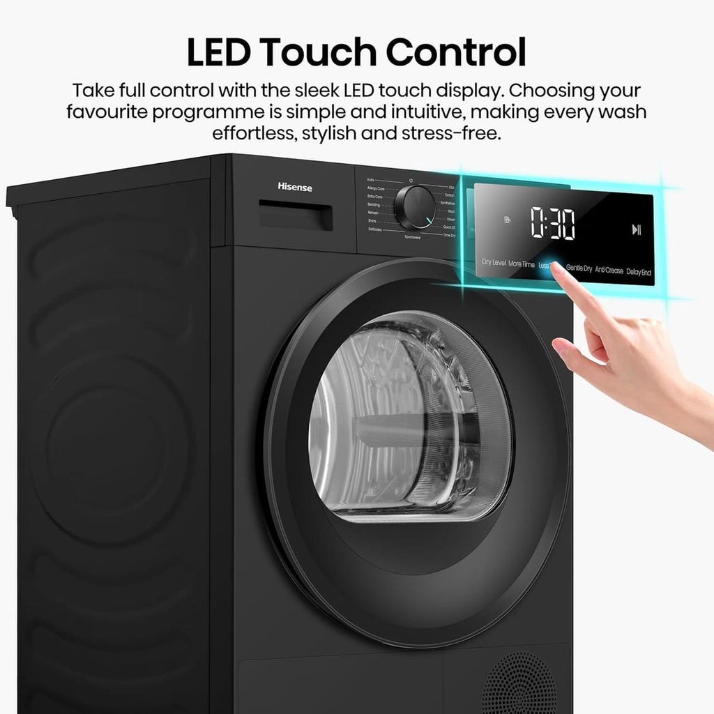 Hisense DH1I900UBDC 60cm Freestanding 9 kg Heat Pump Tumble Dryer, 15 Programmes, Twin Flow, Humidity Sensor, DelayEnd - Black