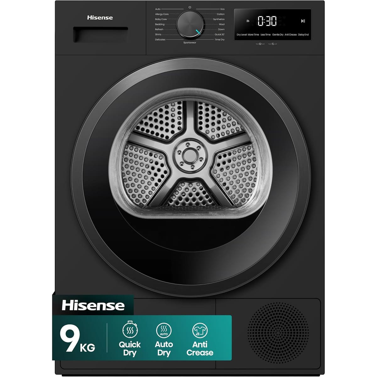 Hisense DH1I900UBDC 60cm Freestanding 9 kg Heat Pump Tumble Dryer, 15 Programmes, Twin Flow, Humidity Sensor, DelayEnd - Black