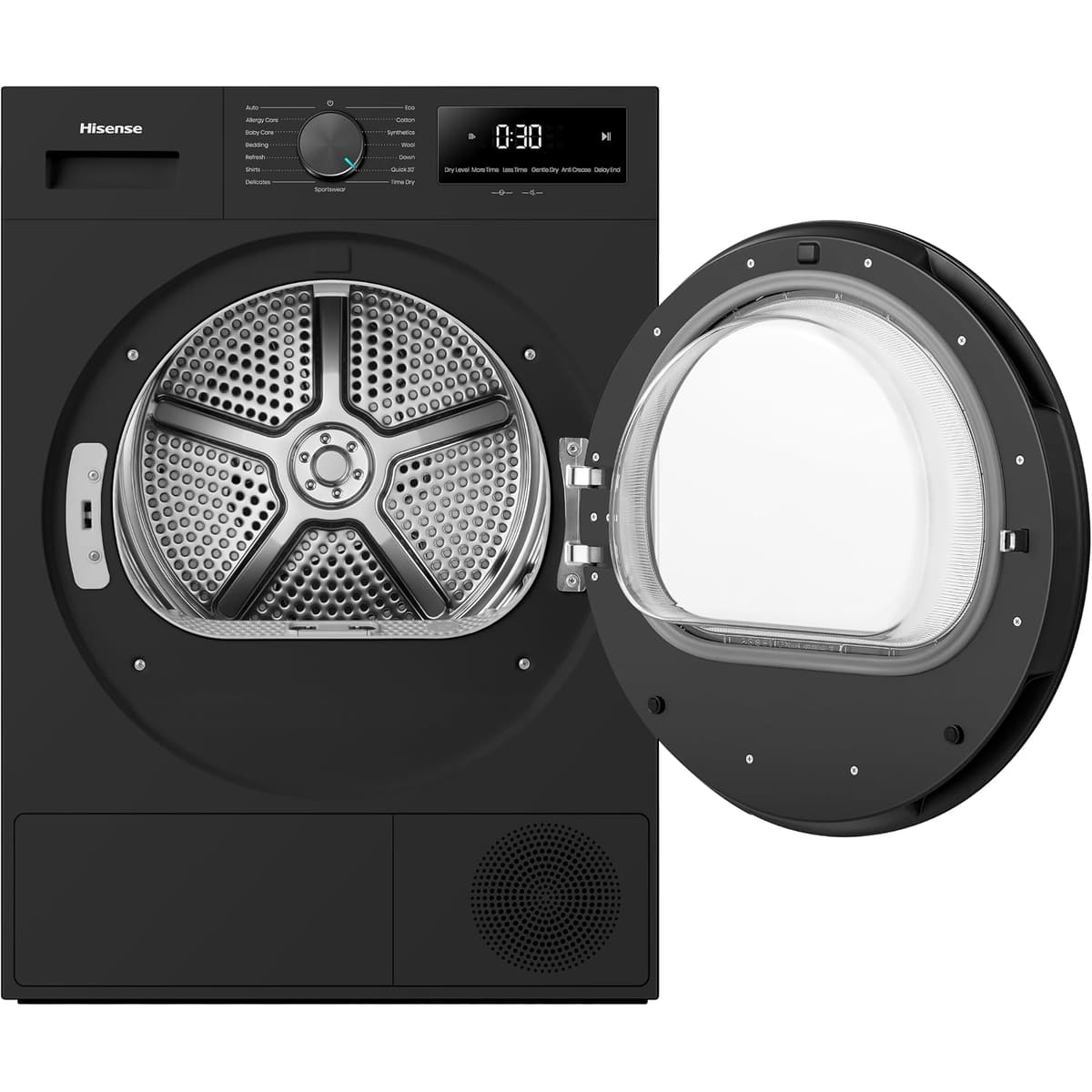 Hisense DH1I900UBDC 60cm Freestanding 9 kg Heat Pump Tumble Dryer, 15 Programmes, Twin Flow, Humidity Sensor, DelayEnd - Black
