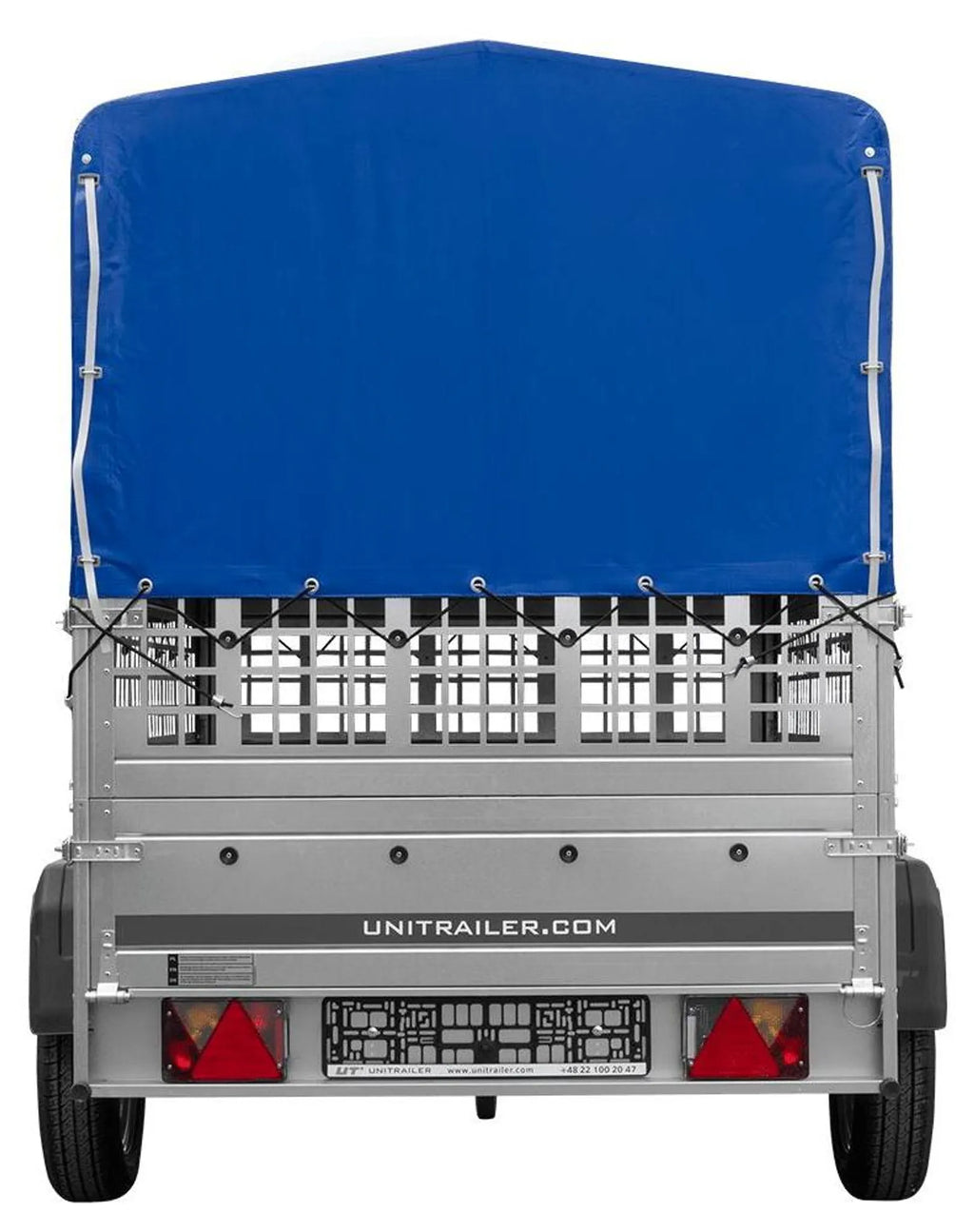 Garden Trailer 201 KIPP 200x125 tarpaulin trailer with mesh side extension, blue tarpaulin, high frame and jockey wheel