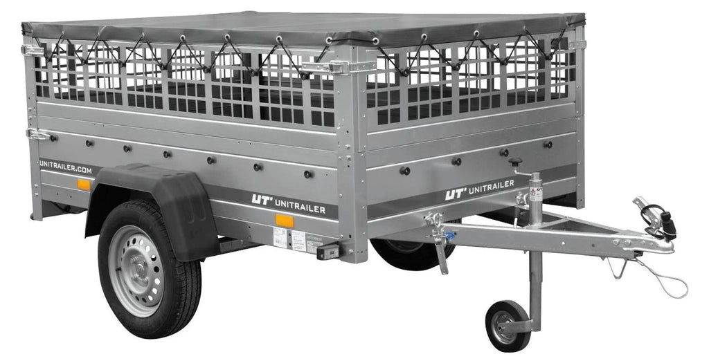 Car trailer GARDEN TRAILER 201 TIPP with mesh side extensions, support wheel and flat tarpaulin