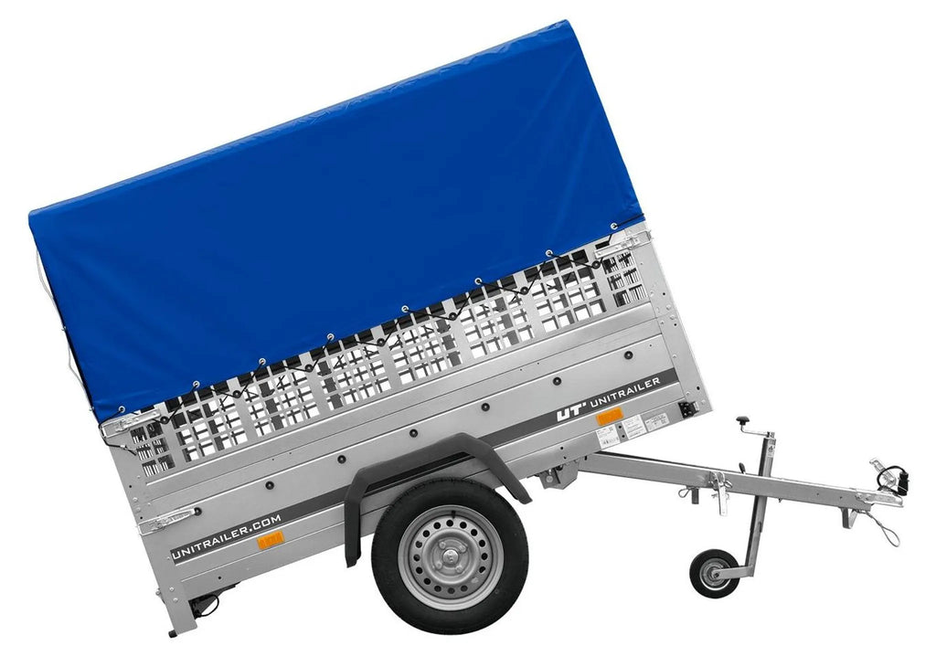 Garden Trailer 201 KIPP 200x125 tarpaulin trailer with mesh side extension, blue tarpaulin, high frame and jockey wheel
