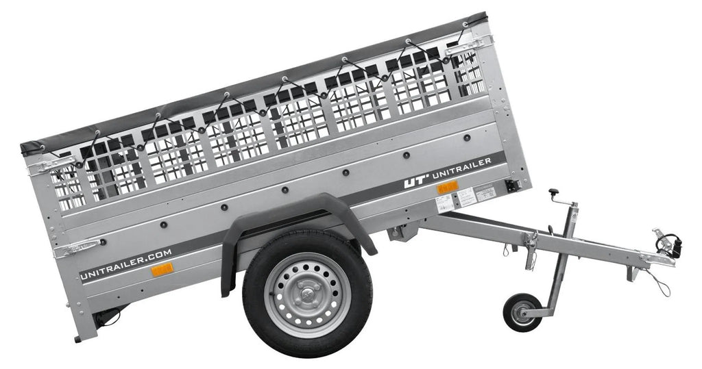 Car trailer GARDEN TRAILER 201 TIPP with mesh side extensions, support wheel and flat tarpaulin