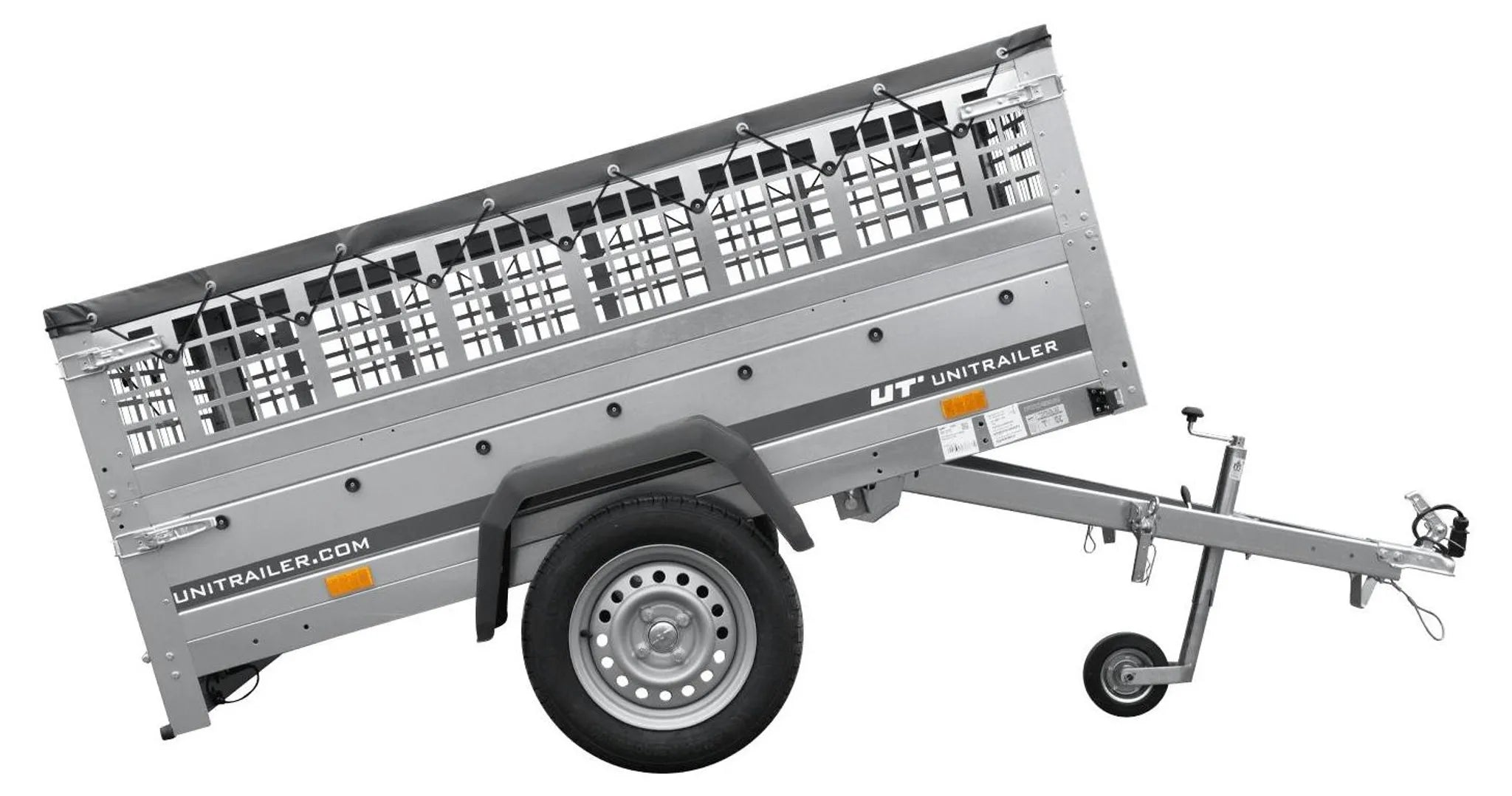 Car trailer GARDEN TRAILER 201 TIPP with mesh side extensions, support wheel and flat tarpaulin