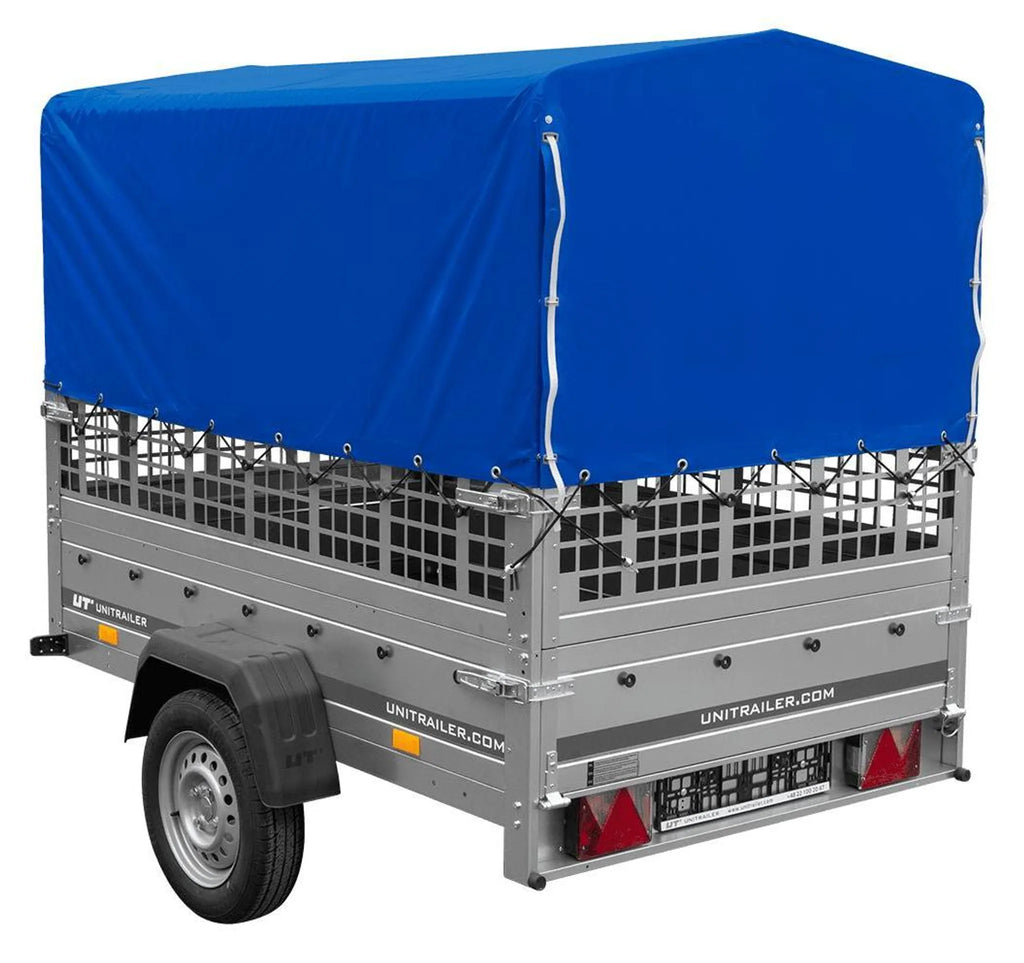 Garden Trailer 201 KIPP 200x125 tarpaulin trailer with mesh side extension, blue tarpaulin, high frame and jockey wheel