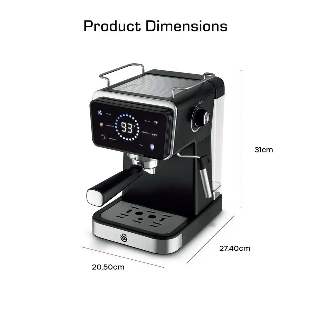 Swan SK22113BLK Espresso Digital Coffee Machine with Built-in Milk Frother - Black